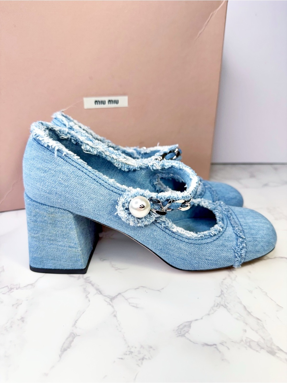 Miu Miu Decollette Denim Mary Jane Block Heels with Pearl Chain - Picture 4 of 15